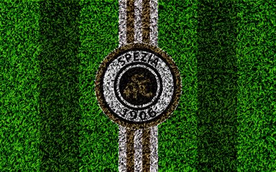Spezia Calcio, 4k, football lawn, italian football club, logo, gold black lines, grass texture, Serie B, La Spezia, Italy, football, Spezia FC