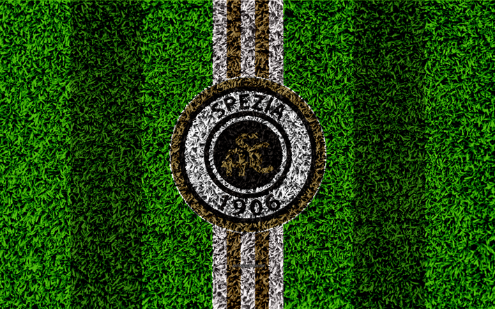 Spezia Calcio, 4k, f&#250;tbol de c&#233;sped, italiano, club de f&#250;tbol, el logotipo, el oro negro de las l&#237;neas, el c&#233;sped de textura, de la Serie B, La Spezia, Italia, el f&#250;tbol, la Spezia FC