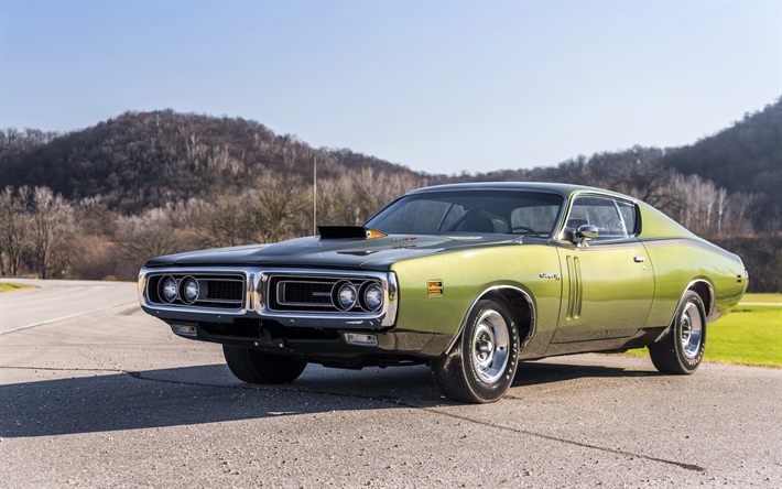 Dodge Charger RT 426 Hemi, parking, 4k, 1971 cars, muscle cars, green Charger, supercars, Dodge Charger, Dodge