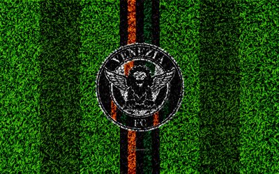 Venezia FC, 4k, football lawn, Italian football club, logo, black lines, grass texture, Serie B, Venice, Italy, football