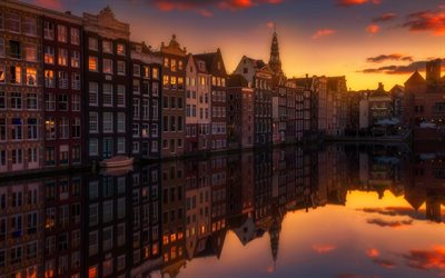Amsterdam, puesta de sol, los canales, la calle, la ciudad de noche, pa&#237;ses Bajos, Holanda, Europa