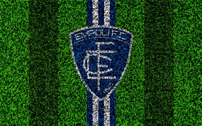 Empoli FC, 4k, le football pelouse, italien, club de football, logo, bleu, blanc, lignes, texture d&#39;herbe, Serie B, Empoli, Italie, football