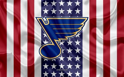 Des Blues de St Louis, 4k, le logo, l&#39;embl&#232;me, la texture de la soie, American flag, American club de hockey, NHL, St Louis, Missouri, etats-unis, la Ligue Nationale de Hockey, hockey sur glace, le drapeau de soie