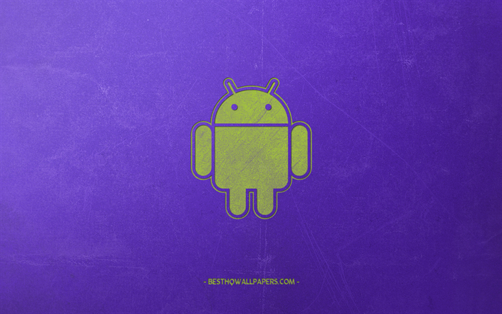 Android, logo, retro-tyyli, vihre&#228; robotti, tunnus, violetti retro tausta, Android-logo