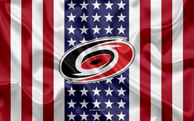 Carolina Hurricanes, 4k, logo, stemma, seta, trama, bandiera Americana, American hockey club, NHL, Raleigh, North Carolina, USA, Hockey, hockey su ghiaccio, seta bandiera