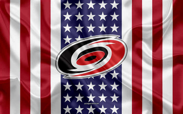 Carolina Hurricanes, 4k, le logo, l&#39;embl&#232;me, la texture de la soie, American flag, American club de hockey, NHL, Raleigh, Caroline du Nord, &#233;tats-unis, la Ligue Nationale de Hockey, hockey sur glace, le drapeau de soie