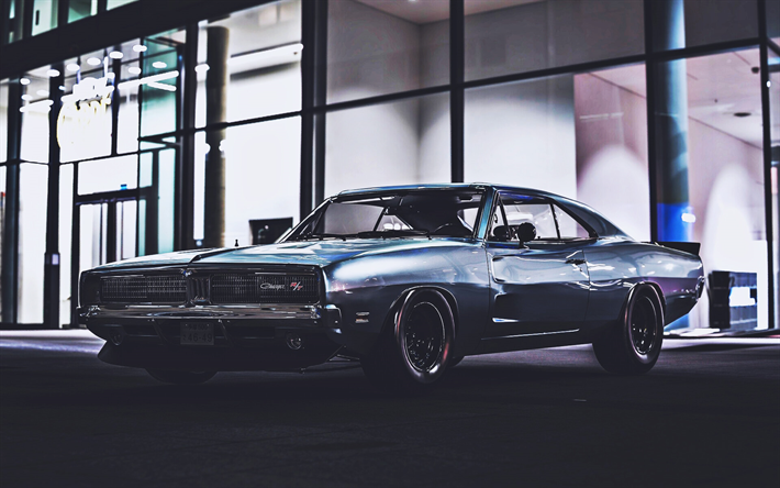 Dodge Charger RT, muscle cars, 1969 cars, night, retro cars, gray Charger, tuning, american cars, Dodge