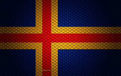 Avrupa &#252;lkeleri Aland Adaları bayrağı, 4k, yaratıcı sanat, metal mesh dokusu, Aland Adaları bayrağı, ulusal sembol, Aland Adaları, Avrupa, bayraklar