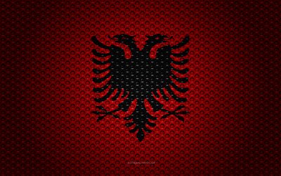 Flag of Albania, 4k, creative art, metal mesh texture, Albanian flag, national symbol, Albania, Europe, flags of European countries