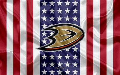 Anaheim Ducks, 4k, logo, tunnus, silkki tekstuuri, Amerikan lippu, American hockey club, NHL, Anaheim, California, USA, National Hockey League, J&#228;&#228;kiekko, silkki lippu