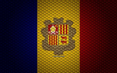 Flag of Andorra, 4k, creative art, metal mesh texture, Andorran flag, national symbol, Andorra, Europe, flags of European countries