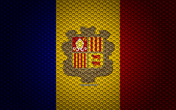 Lipun Andorra, 4k, creative art, metalli mesh rakenne, Andorran lippu, kansallinen symboli, Andorra, Euroopassa, liput Euroopan maiden