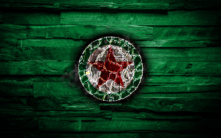Red Star FC, Ligue 2, burning logo, football, green wooden background, french football club, Red Star, grunge, soccer, Red Star logo, Paris, France