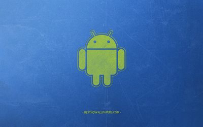 Android, emblem, green robot, blue retro background, creative art, retro style, green Android logo, Android robot