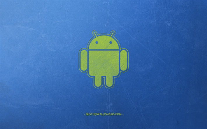 Android, emblema, rob&#244; verde, azul retro fundo, arte criativa, estilo retr&#244;, verde Android logotipo, Rob&#244; Android