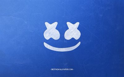 Marshmello, logo, stylish retro art, blue retro background, white chalk logo, emblem, american dj