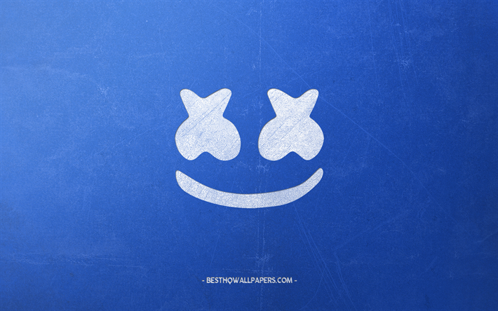 Marshmello, ロゴ, お洒落なレトロアート, 青色のレトロな背景, 白亜のマーク, エンブレム, アメリカのdj