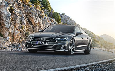 2020, Audi S7 Sportback, 4k, exterior, vista frontal, carro desportivo, novo tom de cinza S7, Carros alem&#227;es, Audi