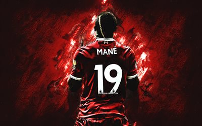 Sadio Mane, piedra roja, el Liverpool FC, vista posterior, senegal&#233;s de futbolistas, el f&#250;tbol, la Melena, de la Premier League, Inglaterra, el grunge, el LFC