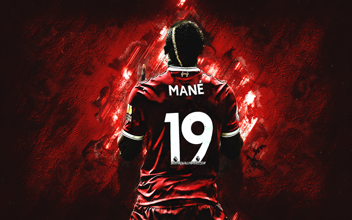 Sadio Mane, red stone, Liverpool FC, back view, senegalese footballers, soccer, Mane, Premier League, England, football, grunge, LFC