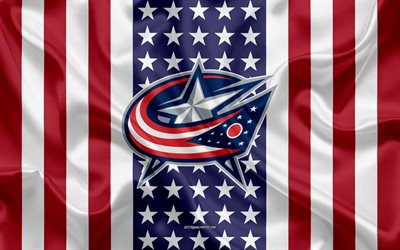 Columbus Blue Jackets, 4k, logo, emblem, silk texture, American flag, American hockey club, NHL, Columbus, Ohio, USA, National Hockey League, ice hockey, silk flag
