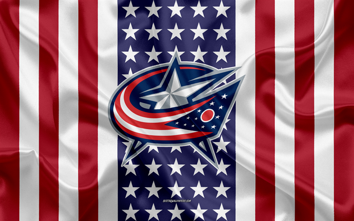 Columbus Blue Jackets, 4k, logo, tunnus, silkki tekstuuri, Amerikan lippu, American hockey club, NHL, Columbus, Ohio, USA, National Hockey League, ice hockey, silkki lippu