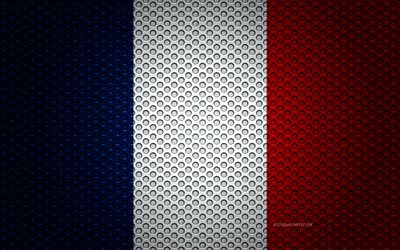 Bandera de Francia, 4k, arte creativo, malla de metal de la textura, de bandera francesa, s&#237;mbolo nacional, Francia, Europa, las banderas de los pa&#237;ses Europeos