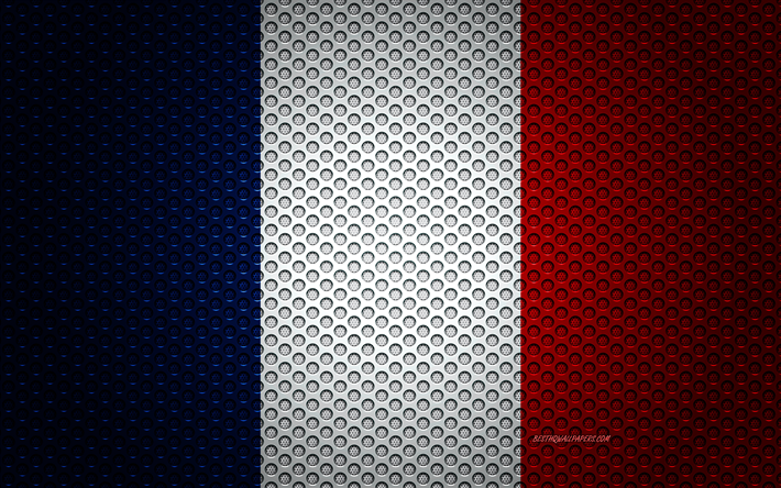 علم فرنسا, 4k, الفنون الإبداعية, شبكة معدنية الملمس, العلم الفرنسي, الرمز الوطني, فرنسا, أوروبا, أعلام الدول الأوروبية