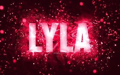 誕生日おめでとう, 4k, ピンクのネオンライト, ライラの名前, creative クリエイティブ, ライラ誕生日, 人気のアメリカ人女性の名前, ライラ名の絵, ライラ