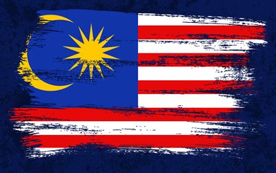 4k, Flag of Malaysia, grunge flags, Asian countries, national symbols, brush stroke, Malaysian flag, grunge art, Malaysia flag, Asia, Malaysia