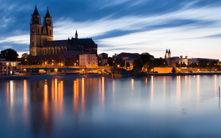 Magdeburg, noite, verão, aterro, cidades alemãs, Europa, Alemanha, Cidades da Alemanha, paisagens de cidade
