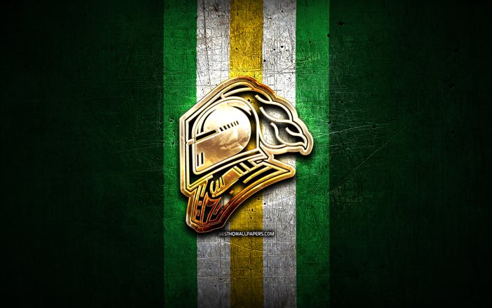 London Knights, logo dorato, OHL, sfondo di metallo verde, squadra di hockey canadese, logo dei London Knights, hockey, Canada
