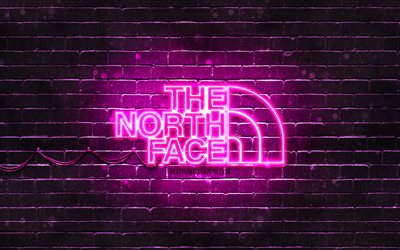 The North Face logo violet, 4k, mur de briques violet, logo The North Face, marques, logo n&#233;on The North Face, The North Face