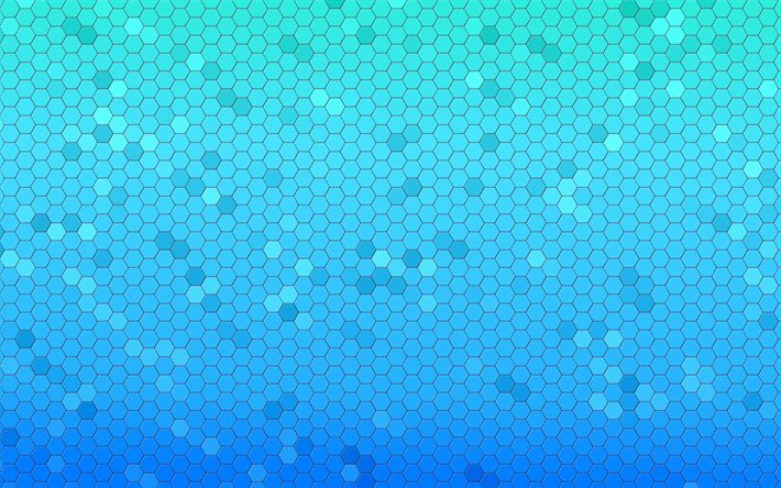 hexagones bleus, textures abstraites, minimalisme, motifs d&#39;hexagones, textures d&#39;hexagones, arri&#232;re-plans bleus, nid d&#39;abeille, fond avec hexagones