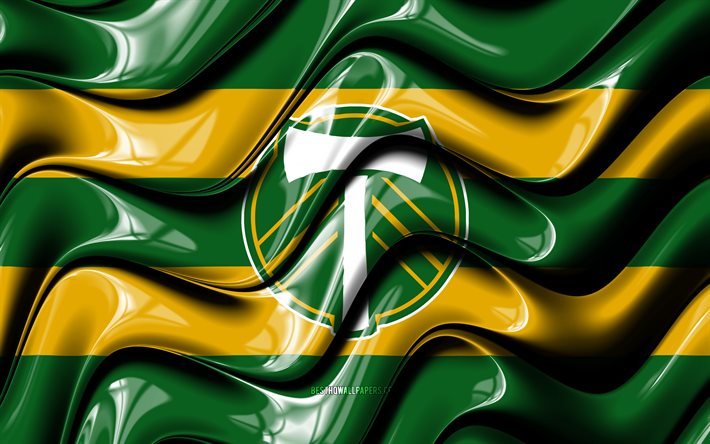 Bandiera di Portland Timbers, 4K, onde 3D verdi e gialle, MLS, squadra di calcio americana, calcio, logo di Portland Timbers, Portland Timbers FC