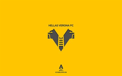 Hellas Verona FC, sfondo giallo, squadra di calcio italiana, stemma Hellas Verona FC, Serie A, Italia, calcio, logo Hellas Verona FC