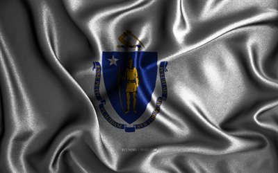 Massachusettsin lippu, 4k, silkkiset aaltoilevat liput, Yhdysvaltain osavaltiot, Yhdysvallat, kangasliput, 3D-taide, Massachusetts, Massachusettsin 3D-lippu, USA