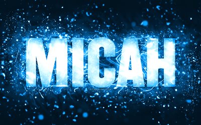 Buon compleanno Micah, 4k, luci al neon blu, nome Micah, creativo, Micah Happy Birthday, Micah Birthday, nomi maschili americani popolari, foto con nome Micah, Micah