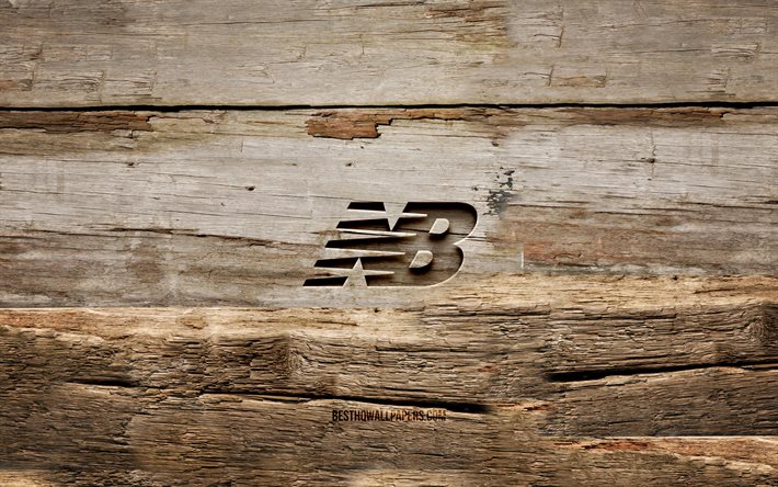 Logotipo da New Balance em madeira, 4K, planos de fundo em madeira, marcas, logotipo da New Balance, criativo, escultura em madeira, New Balance