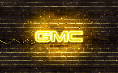Logo giallo GMC, 4k, muro di mattoni giallo, logo GMC, marchi di automobili, logo al neon GMC, GMC
