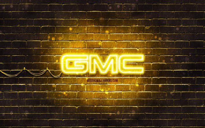 شعار GMC أصفر, 4 ك, الطوب الأصفر, شعار GMC, ماركات السيارات, شعار جي إم سي نيون, جي أم سي, شركة أمريكية كبيرة مقرها في ديترويت (ميشيغان), تنتج السيارات والشاحنات