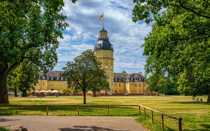 Karlsruhe Sarayı, 4k, yaz, alman yerler, Almanya, Schloss Karlsruhe, alman şehirleri, Karlsruhe, Avrupa, HDR
