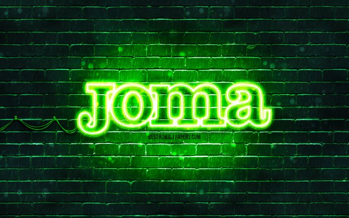 Logo verde Joma, 4k, muro di mattoni verde, logo Joma, marchi sportivi, logo neon Joma, Joma