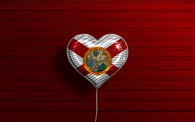 J&#39;aime la Floride, 4k, ballons r&#233;alistes, fond en bois rouge, &#201;tats-Unis d&#39;Am&#233;rique, coeur de drapeau de la Floride, drapeau de la Floride, ballon avec drapeau, &#233;tats am&#233;ricains, amour de la Floride, USA