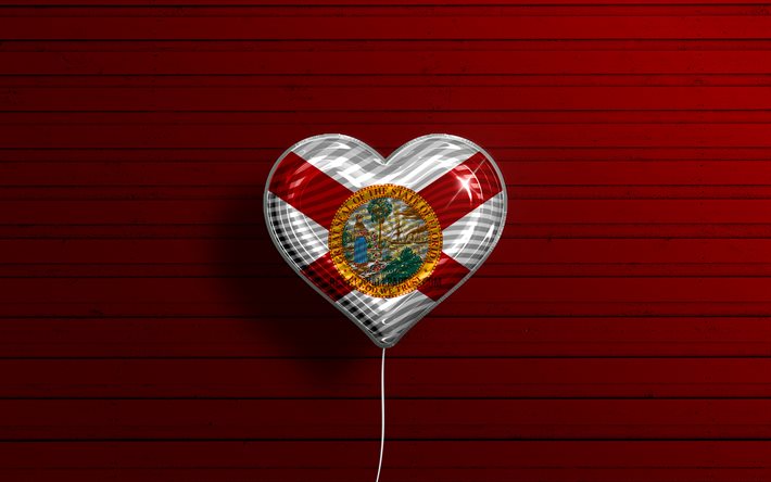 Jag &#228;lskar Florida, 4k, realistiska ballonger, r&#246;d tr&#228;bakgrund, Amerikas f&#246;renta stater, Florida flagga hj&#228;rta, Flagga Florida, ballong med flagga, Amerikanska stater, Love Florida, USA