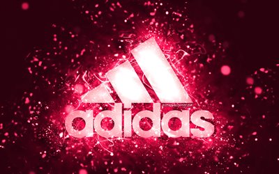 Adidaksen vaaleanpunainen logo, 4k, vaaleanpunaiset neonvalot, luova, vaaleanpunainen abstrakti tausta, Adidaksen logo, tuotemerkit, Adidas