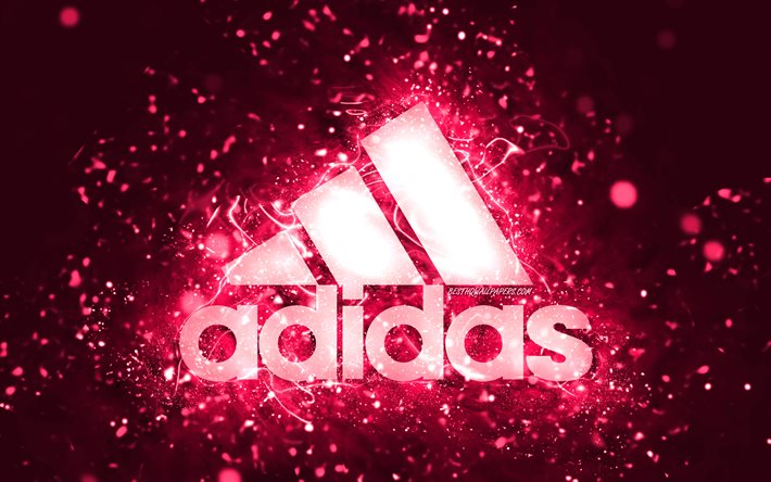 Adidas pembe logosu, 4k, pembe neon ışıkları, yaratıcı, pembe arka plan, Adidas logosu, markalar, Adidas