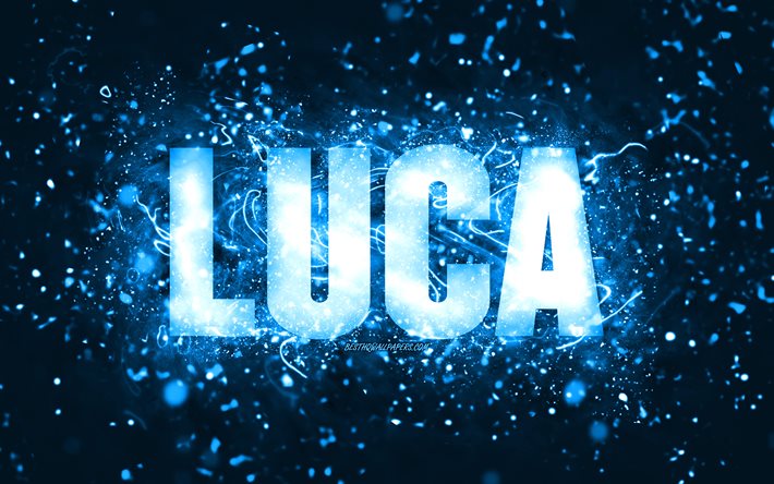 Feliz anivers&#225;rio, Luca, 4k, luzes de n&#233;on azuis, nome de Luca, criativo, feliz anivers&#225;rio de Luca, anivers&#225;rio de Luca, nomes masculinos americanos populares, foto com o nome de Luca
