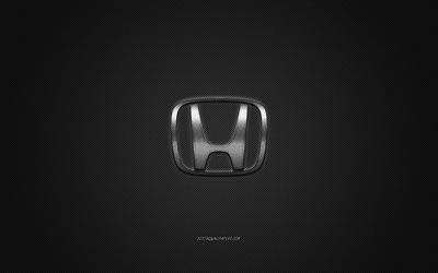Honda logo, silver logo, gray carbon fiber background, Honda metal emblem, Honda, cars brands, creative art
