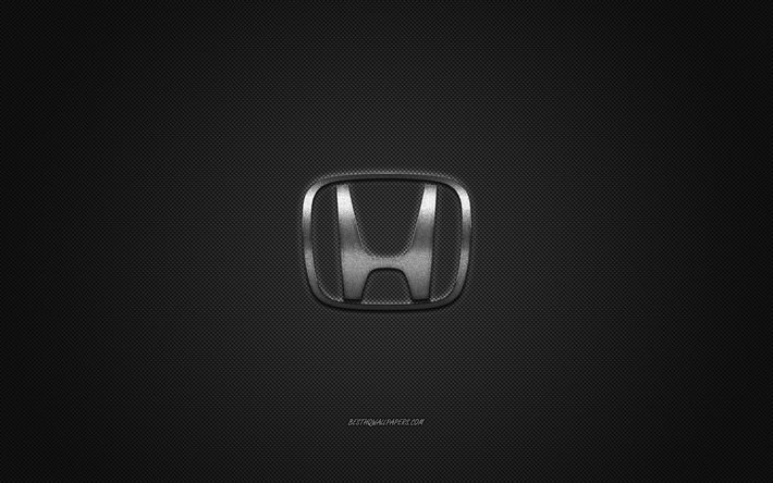 Hondan logo, hopeanv&#228;rinen logo, harmaa hiilikuitutausta, Hondan metallimerkki, Honda, automerkit, luovaa taidetta